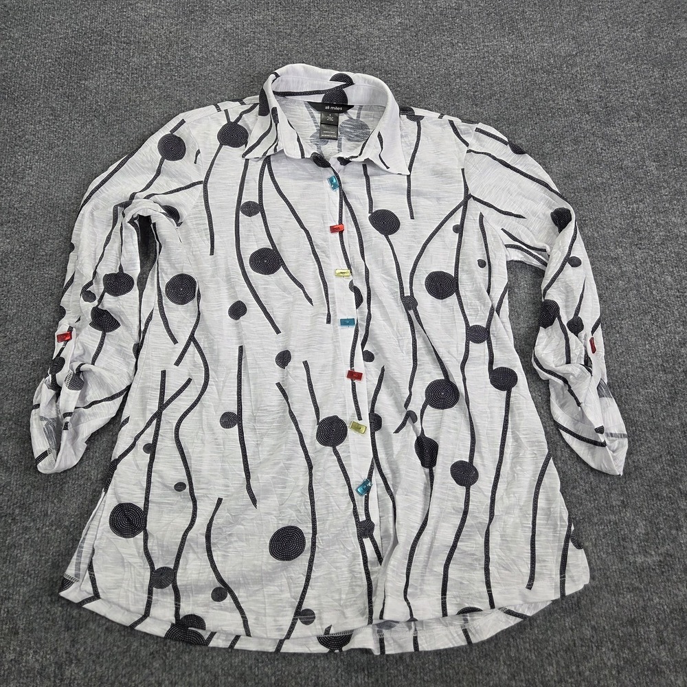 Ali Miles Tunic Top Womens Small White Geometric Art to Wear Roll Tab Sleeve